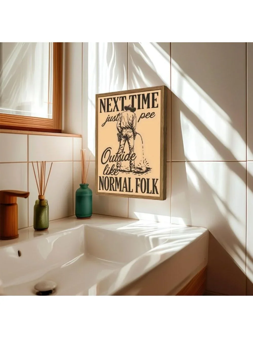 Funny Western Cowboy Bathroom Wall Art - Vintage Southwest Decor, 12x16 Framed